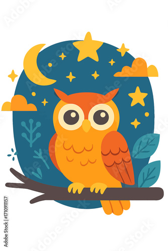 Friendly orange and yellow cartoon owl with big eyes sits calmly on a branch at night under a dark blue sky. Glowing golden moon, shining stars, soft orange clouds create a whimsical, peaceful bird il