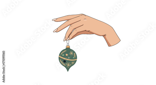 Elegant hand holding christmas ornament with delicate design on white background