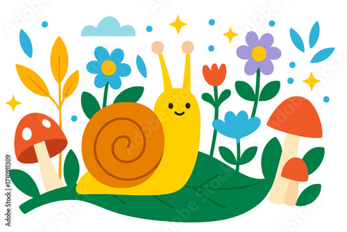 Happy yellow snail with orange shell, glowing in a whimsical garden. Cartoon illustration features luminous flowers, red mushrooms, golden leaves, sparkling stars, and soft blue clouds. An enchanting