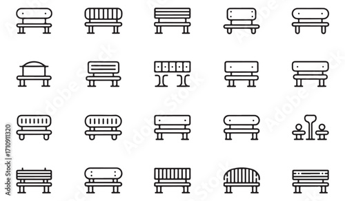 Clean line icon pack of outdoor benches featuring garden, park, wooden, patio, picnic, leisure, rest, and seating furniture illustrations