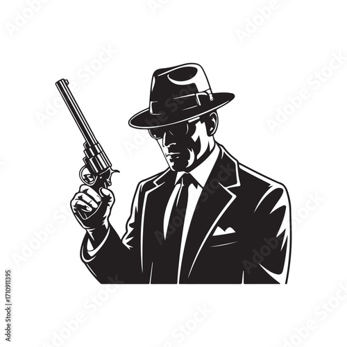 Black and white illustration of a man in a fedora and suit holding a revolver male person 1