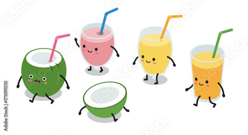Adorable cartoon fruits with drinks: cute coconut and juices in a playful style