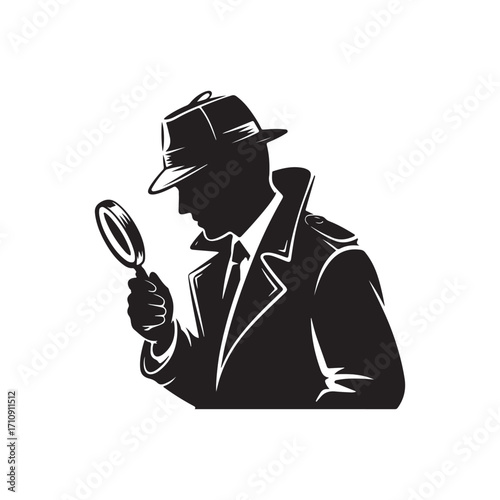 Silhouette of a detective in a fedora hat and trench coat examining with a magnifying glass investigation