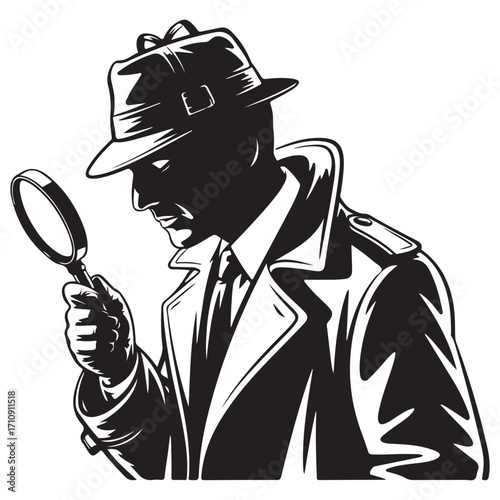Silhouette of a detective in a fedora and trench coat holding a magnifying glass investigation mystery