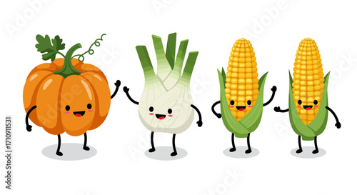 Cute cartoon vegetables with cheerful faces in a whimsical style