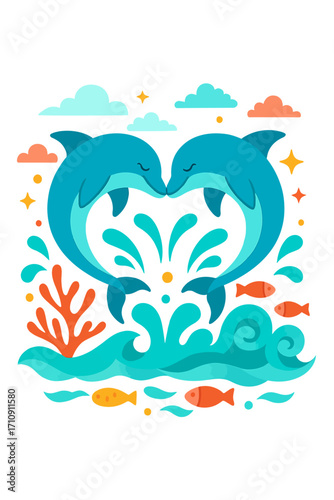 A whimsical, glowing illustration showcasing two loving dolphins forming a romantic heart shape with their bodies, surrounded by vibrant coral, playful fish, sparkling stars, and serene clouds in a ma