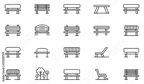 Minimal park bench line icons set with garden seat, wooden bench, picnic table, outdoor furniture, backrest, and urban seating symbols