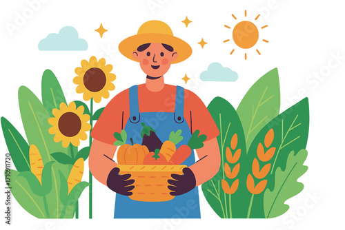 Smiling farmer holds fresh organic produce (pumpkin, carrots, eggplant, tomatoes) in a basket. Surrounded by sunflowers, corn, wheat, and bright sunny sky. Represents bountiful harvest, sustainable fa