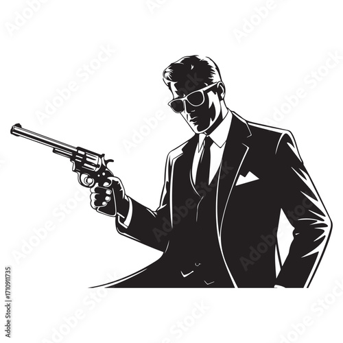 Black and white illustration of a man in a suit holding a revolver sunglasses 2