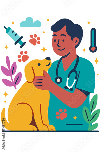 Vibrant illustration: compassionate vet cares for happy yellow dog. Highlights dedicated animal health, expert pet services, strong bond in modern vet clinic. Medical tools, glowing paw prints represe