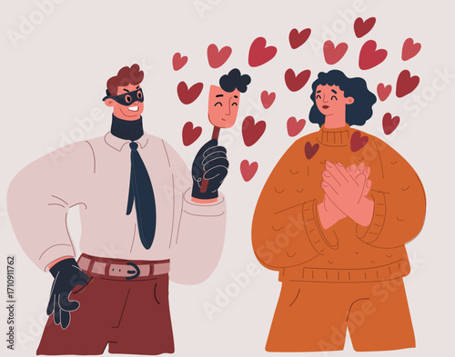 Cartoon vector illustration of a woman falling in love with a charming scammer, romantic scam, and pig butchering concept