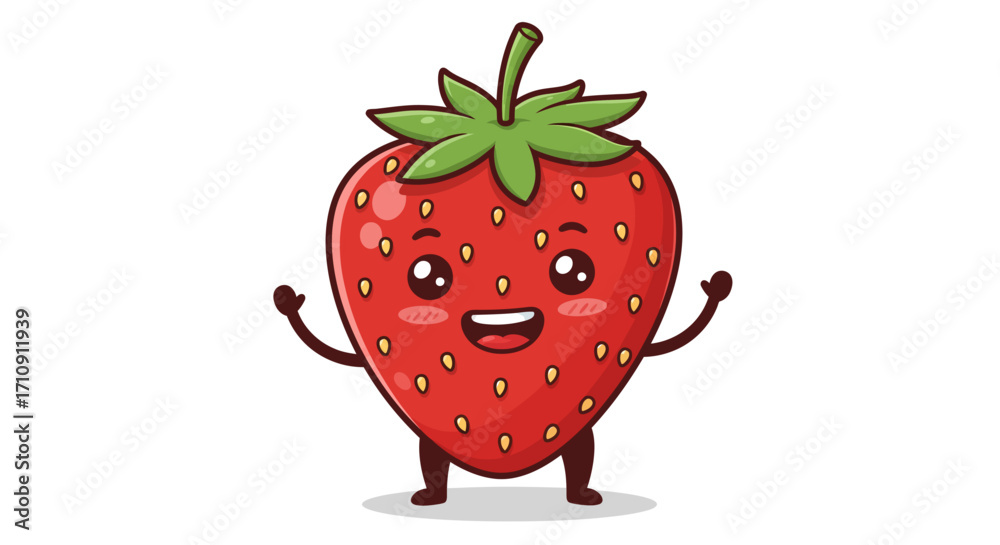 Obraz premium Cute strawberry character with smiling face and cheerful pose on white backgr…