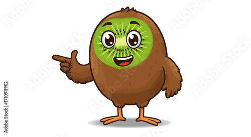 Cheerful kiwi fruit character in cartoon style pointing and smiling on white…