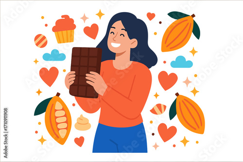 A happy woman holds a grand chocolate bar amidst a whimsical, glowing backdrop of cacao pods, cupcakes, hearts, and stars, celebrating the delightful pleasure and sweet indulgence of rich cocoa and co