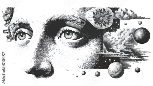 Surreal Cosmic Stippling Portrait with Intriguing Elements