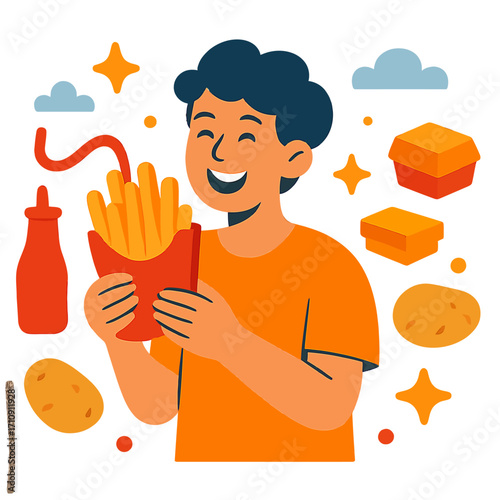 Joyful Young Man Relishes Crispy Golden French Fries with Zesty Ketchup, surrounded by takeout boxes, stylized clouds, and glowing stars. A vibrant, modern flat design illustration capturing a delight