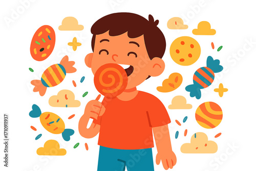 Joyful boy blissfully licks vibrant swirled lollipop. Surrounded by glowing cascade of colorful candies, wrapped sweets, cookies, sprinkles against magical warm background, capturing innocent joy and