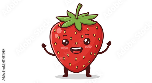 Cute strawberry character with smiling face and cheerful pose on white backgr…