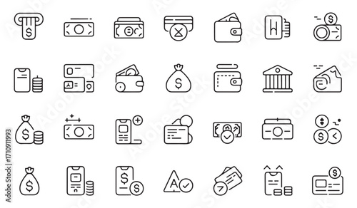 Clean line collection of financial icons featuring wallet, ATM, money bag, coins, bank, accounting, calculator, and mobile payment transaction symbols
