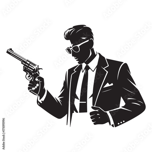 Black silhouette of a man in a suit and sunglasses holding a revolver black and white 1
