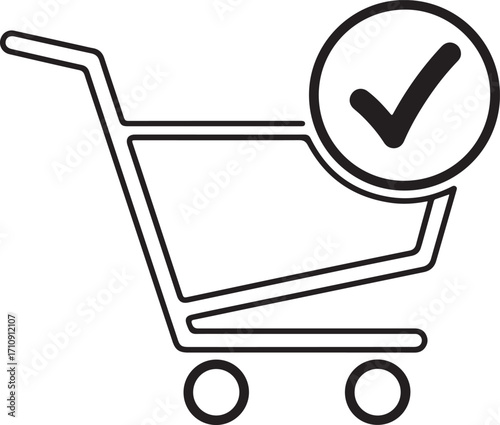 Vector art of shopping cart icon with a checkmark inside a circle, symbolizing a successful purchase or order confirmation