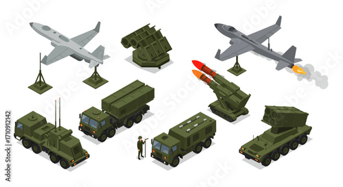 Isometric military vehicles and equipment set featuring combat trucks and mis…
