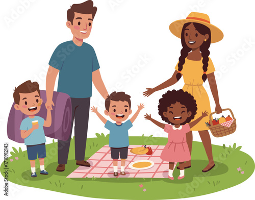 Happy family picnic outdoors, cheerful children and parents, summer nature setting, food on blanket, bonding time, leisure activity, joyful lifestyle moment