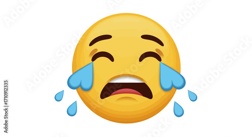 Crying face emoji with tears dropping on white background