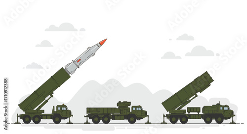 Military missile launcher vehicles in flat design with cloudy mountain backgr…
