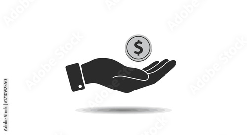 Silhouette hand holding dollar coin on white background
