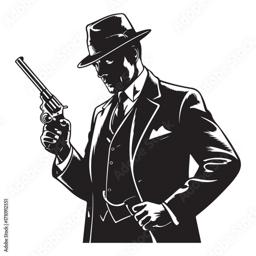 Black and white illustration of a man in a fedora and suit holding a revolver male gangster 1