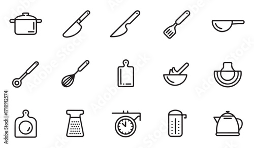 Kitchen utensil and cookware icons set in minimal outline style including pot, knife, whisk, ladle, spatula, bowl, cutting board, pan, and kettle illustrations