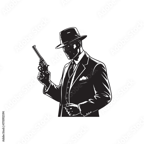 Black and white illustration of a man in a fedora and suit holding a revolver male person 3