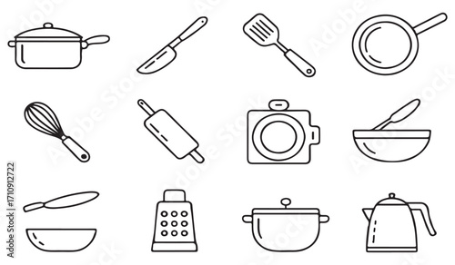 Clean line pack of cooking utensil icons featuring pot, whisk, ladle, spatula, cutting board, bowl, pan, grater, and kettle food preparation symbols