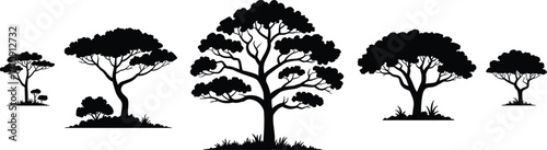 Collection of diverse black silhouette trees with leaves and roots, stylized graphics representing nature, ecology, and environmental conservation in various designs.