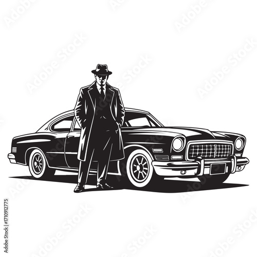 Silhouette of a man in a fedora and trench coat standing next to a vintage car classic car automobile