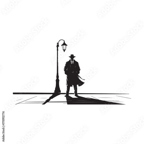 Silhouette of a man in a trench coat and fedora standing under a street lamp with long shadows vector