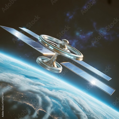 Fototapeta Naklejka Na Ścianę i Meble -  Spectacular orbital space station concept with solar panels over Earth for futuristic technology projects