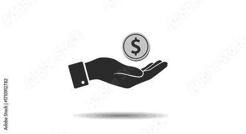 Silhouette hand holding coin with dollar sign on gradient background
