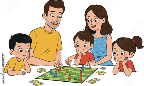 Happy family playing board game together, parents and children bonding, indoor activity, learning through play, teamwork, parenting, lifestyle, fun, joy, unity