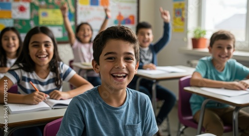 Diverse Elementary School Classroom Cheerful african black kids, children, and youth as students learning and studying an academic lesson together.