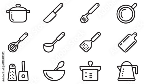 Minimal kitchen utensils line icons set with pot, knife, whisk, ladle, spatula, cutting board, pan, kettle, bowl, and grater cooking tools symbols