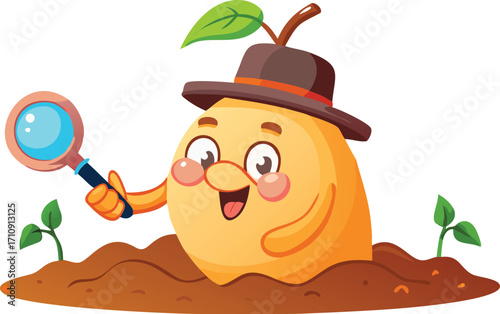 A cute cartoon worm with a happy face smiles on a fresh red apple, a funny vector character illustration isolated on a green leaf