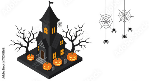 Isometric haunted house with pumpkins and spiders for halloween