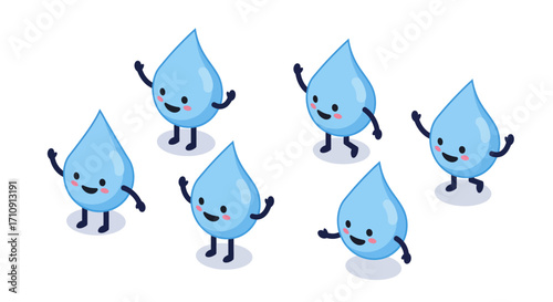 Playful water droplets with cartoon faces and cheerful poses