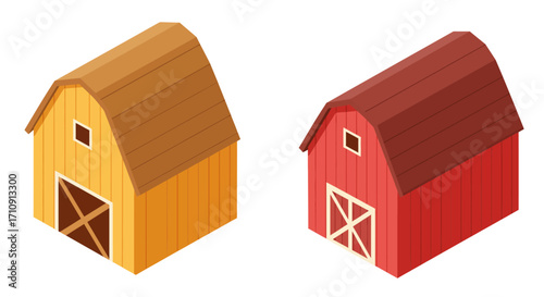 Isometric barns in red and yellow with classic designs and wooden textures
