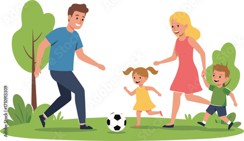 Happy family playing soccer outdoors in park, kids running with ball, joyful weekend activity, healthy lifestyle, bonding, fun, teamwork, nature