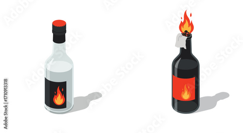 Isometric design of bottle with flame symbol and molotov cocktail