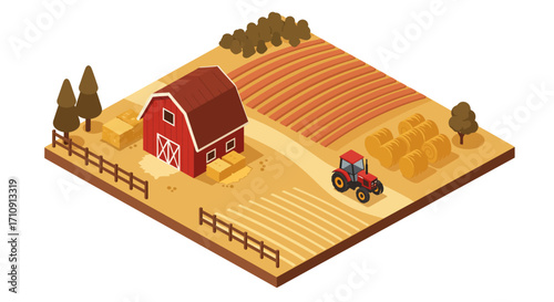 Isometric farm scene with red barn, tractor, and hay bales on a sunny day