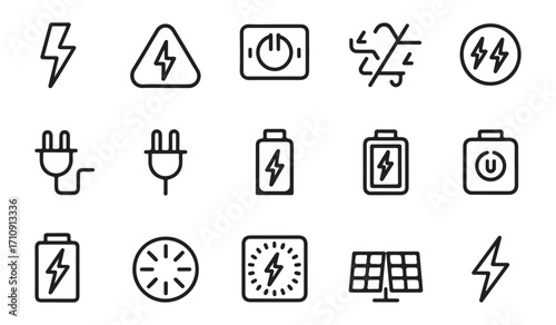 Outline electricity icon set with battery, plug, lightning, voltage, charge, socket, current, hazard, and renewable power illustrations
